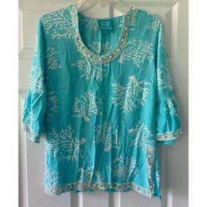Escapada Resort Blue Teal Seagrass Coastal White Beaded Bell Sleeve Tunic Top S